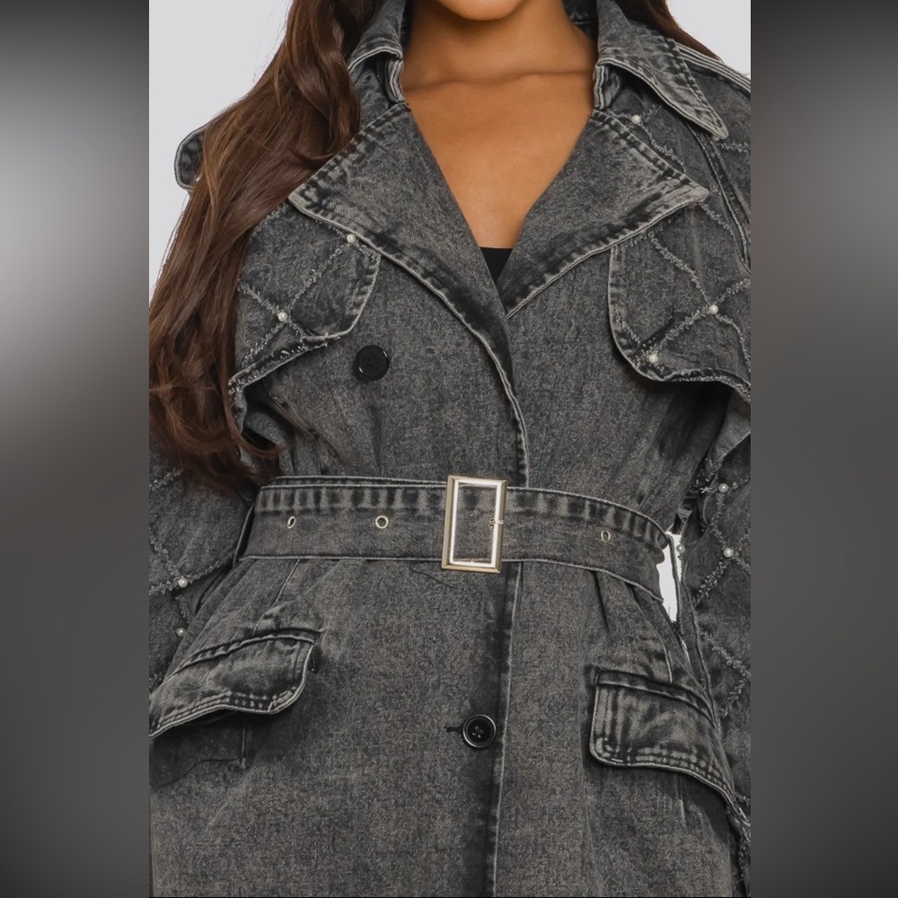 Distressed Denim Trench Coat, Black /Gry. w/ Pearl & Silver Accents, S, M , L - Picture 4 of 16